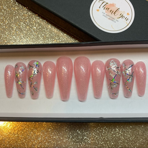 Bandage Inspired XL Sculpted Coffin Pink Holographic Shimmer Custom Press Ons - Picture 4 of 5